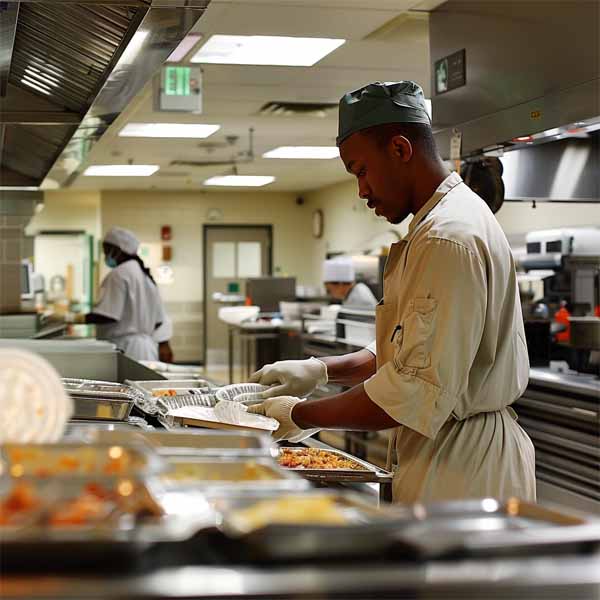 A kitchen worker from a staffing agency