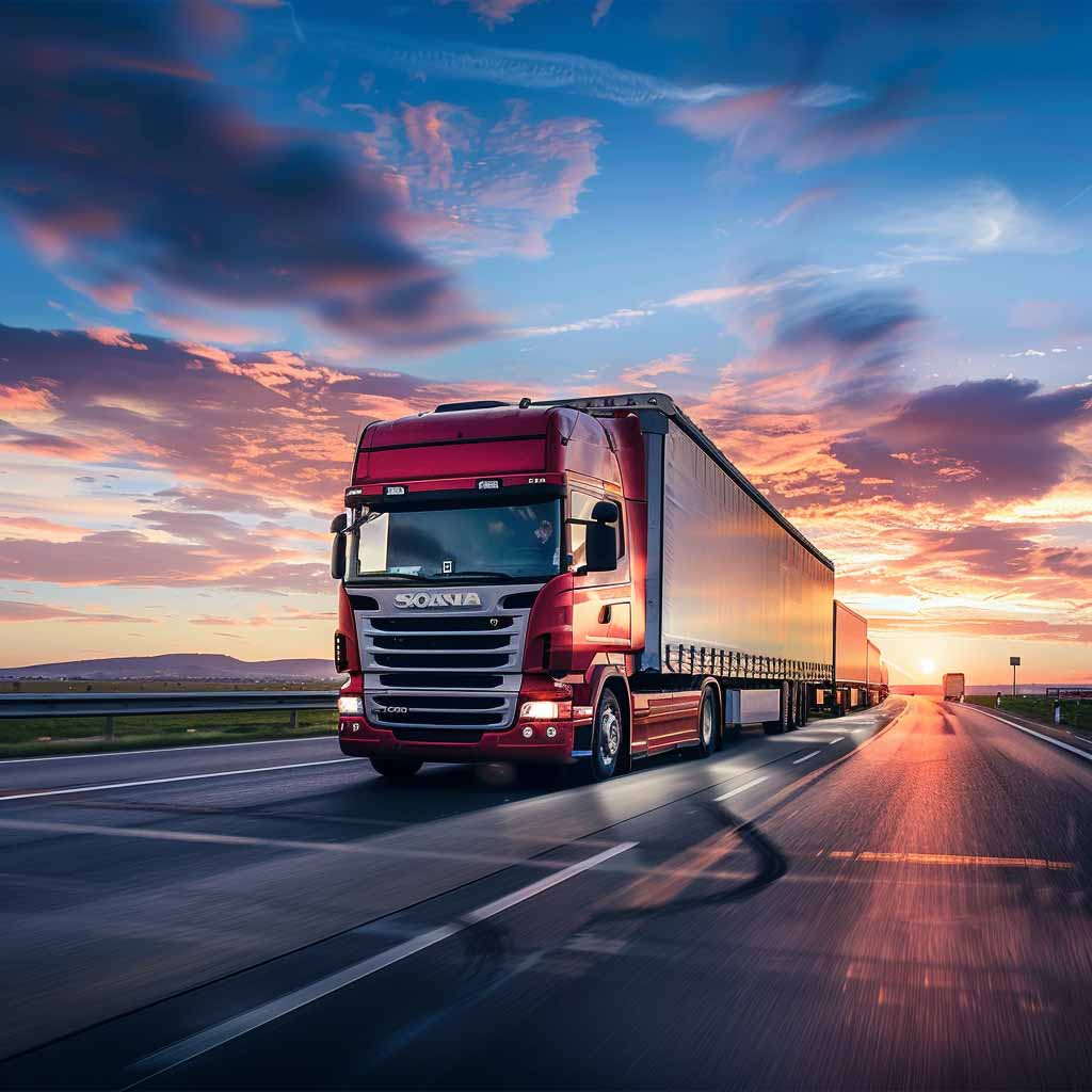 A truck driving on the freeway