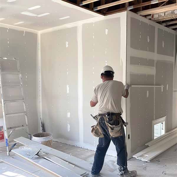 a drywall installer working on a construction site.