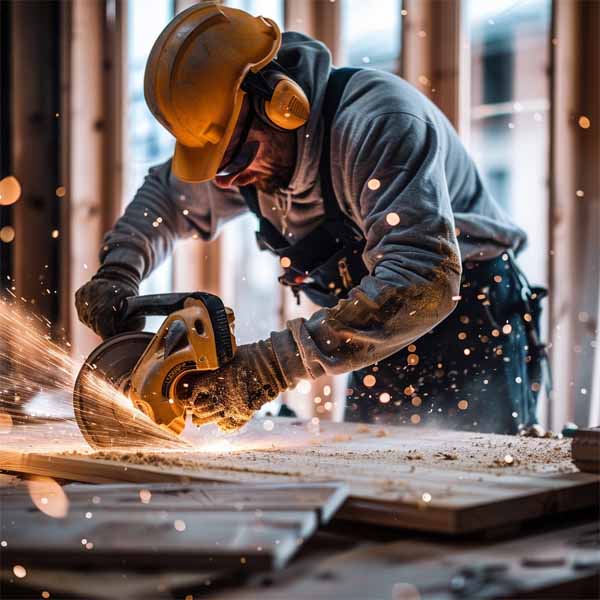 a carpenter from a staffing agency operating a circular saw